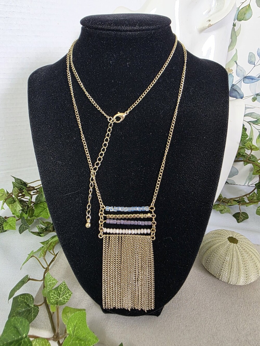 Gold Tone Multi-Strand Bead & Fringe Statement Necklace